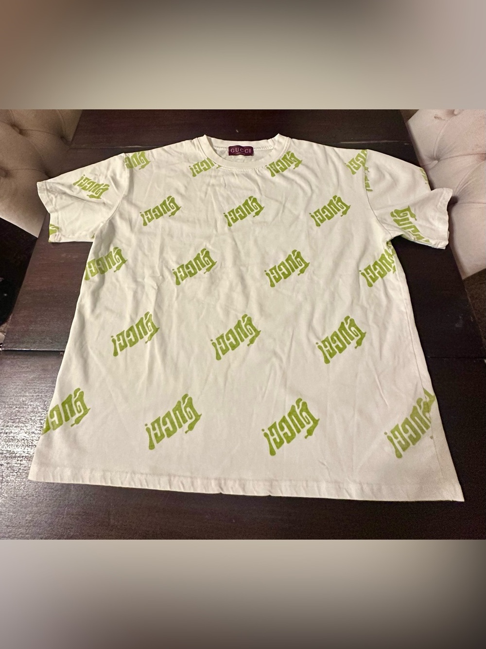 Gucci White Tee with Lime Green Logo Print
